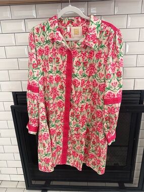 Emily McCarthy Floral Button-Up Tunic with Pink Trim
